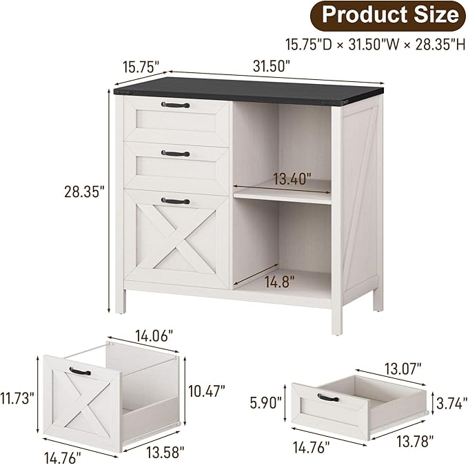 3 Drawer File Cabinet, Farmhouse Lateral Filing Cabinet Fits Files Letter or A4 Size, Wooden Printer Stand with Open Storage Adjustable Shelf for Home Office, White and Black