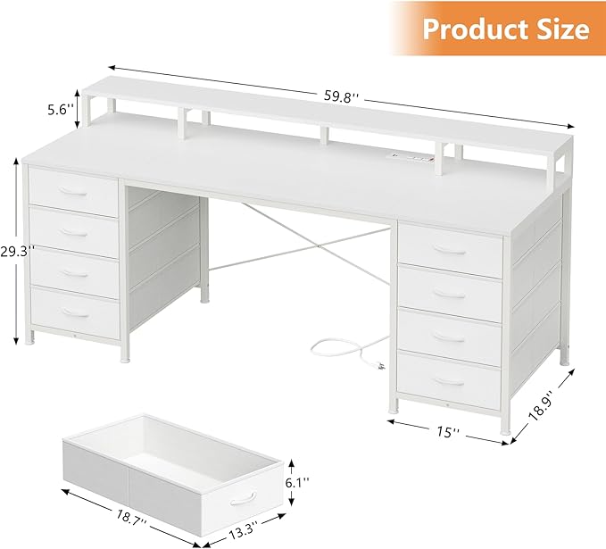 60 Inch Computer Desk with 8 Fabric Drawers, Gaming Desk with LED Lights & Power Outlets, Home Office Desk with Monitor Stand, White