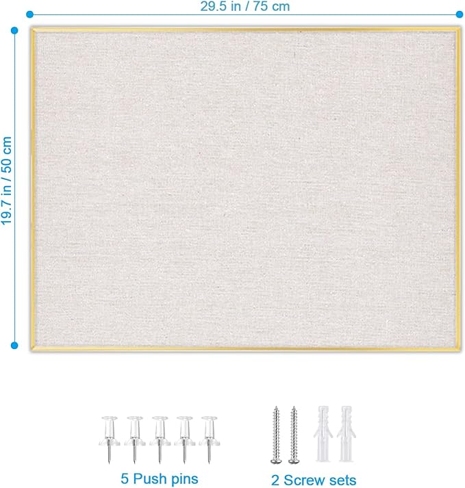 Bulletin Board with Golden Aluminum Frame, Oatmeal White Fabric Cork Board for Walls, 29.5x19.7 inches Pin Board with Push Pins for Office Home(G-AL,Fabric,5075)