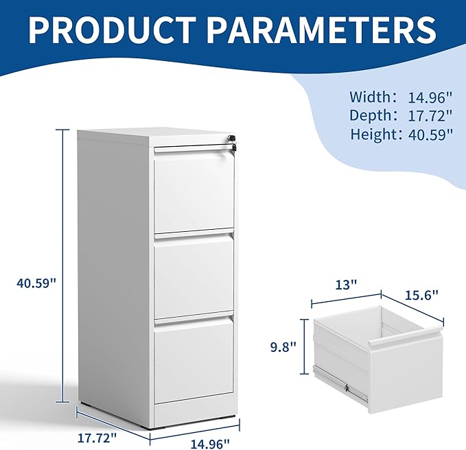 3 Drawer File Cabinet with Lock, Metal Filing Cabinet for Home Office, Vertical File Cabinet for Letter/Legal/A4/F4 Documents, Easy to Assemble Steel Storage Cabinet