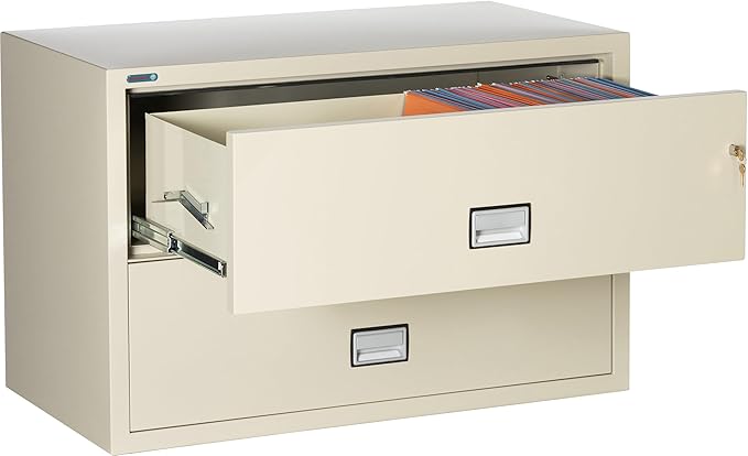 44 inch Wide 2-Drawer Lateral Fireproof File Cabinet – Legal and Letter Size Filing – Key Lock – Water Resistant – Fire Safe and Impact Rated – Putty Finish – Model LAT2W44P