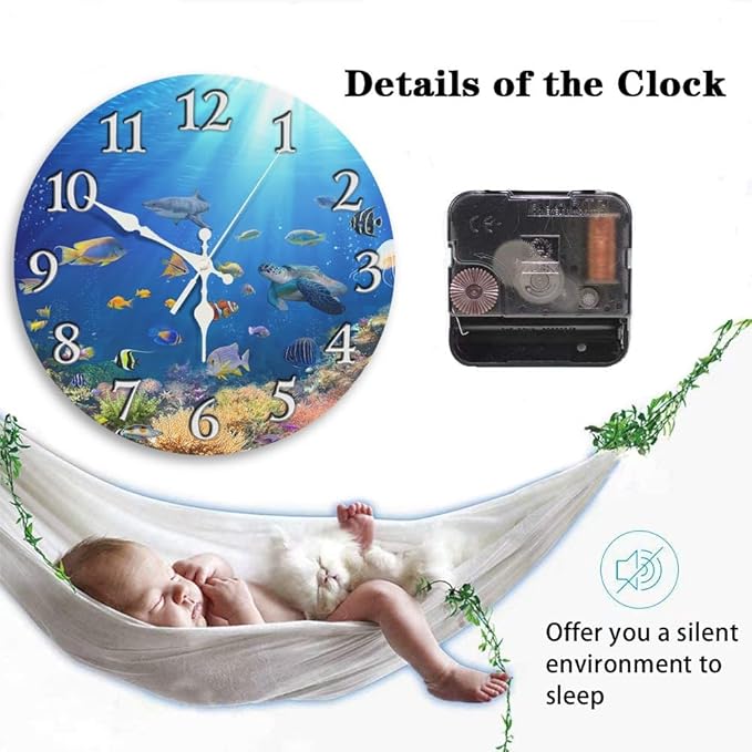 Britimes Round Wall Clock Silent Non-Ticking Battery Operated Clock 10 Inch, Underwater Coral Reef Tropical Fish Home Decor for Living Room, Bathroom, Bedroom, Kitchen, Office and School