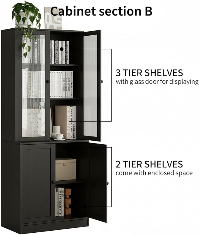 TUSY 71" H Bookshelf with Storage, 6-Tier Modern Bookshelves with 3 Large Drawer, Display Bookcase with Glass Doors, Modern 5-Tier Curio Cabinet for Home Office, Dining Room (Black, ABA)