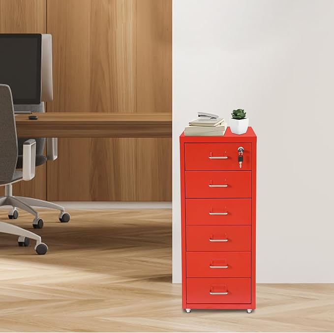6-Tier Metal File Cabinet with Wheels and Lock, Filing Cabinet for Home Office, Metal Filing Storage Cabinets with Handle for Office Home, Easy Assemble