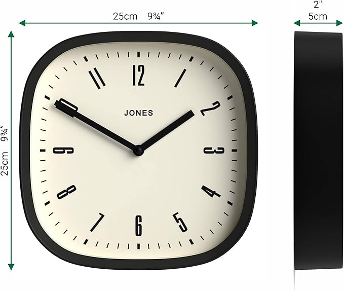 JONES CLOCKS® Marvel wall Clock | Modern Retro Rounded Square Clock | 10 inch | Black | Cool Designer Look for Kitchen, Living Room or Office