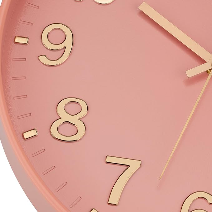 Lumuasky Wall Clock Pink Modern 12 Inch Battery Operated Silent Non-Ticking Decorative Clock for Living Room Bedroom Office Kitchen School Classroom Nursery Decor, 3D Numbers Easy to Read