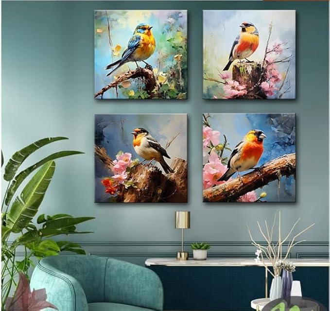 Canvas Wall Art Paintings of Colorful Birds Sitting on Tree Branch With Flowers for Bedroom Modern Wall Decor Picture Framed Artwork Prints Paintings for Bathroom Kitchen Decorations 12"x12"x4 Pieces