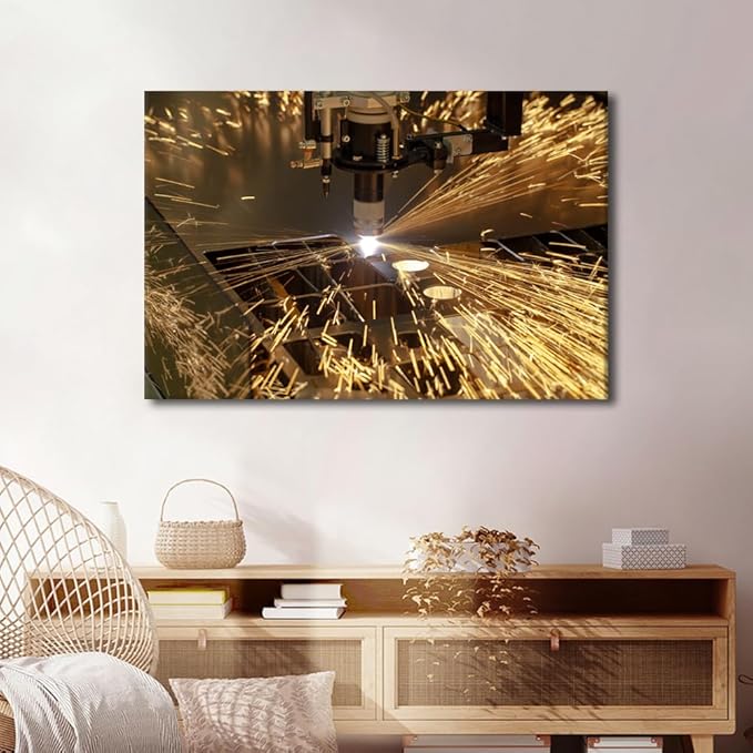 TUMOVO Wall Art for Living Room Metalwork Industry Machine Art Paintings for Wall Decorations Plasma Cutting Canvas Prints Wall Artwork 1 Piece Wall Art Stretched and Framed Ready to Hang, 24" x36"