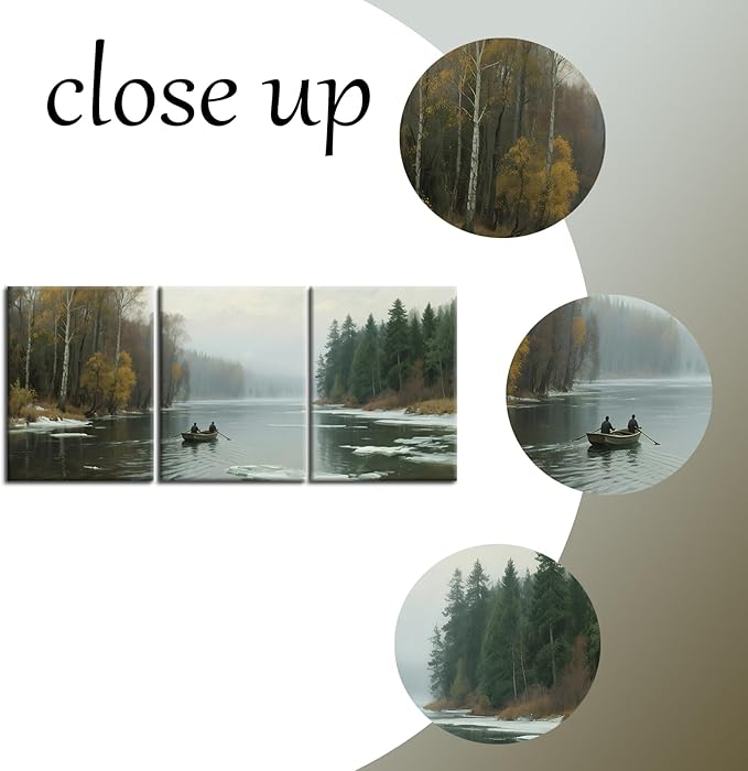 Mountain Landscape Canvas Wall Art Nature and Forest Posters Print Boat and River Scenery Picture Painting for Modern Home Kitchen Bedroom Office Hotel Decoration Artwork Ready to Hang [36''W x 16''H]