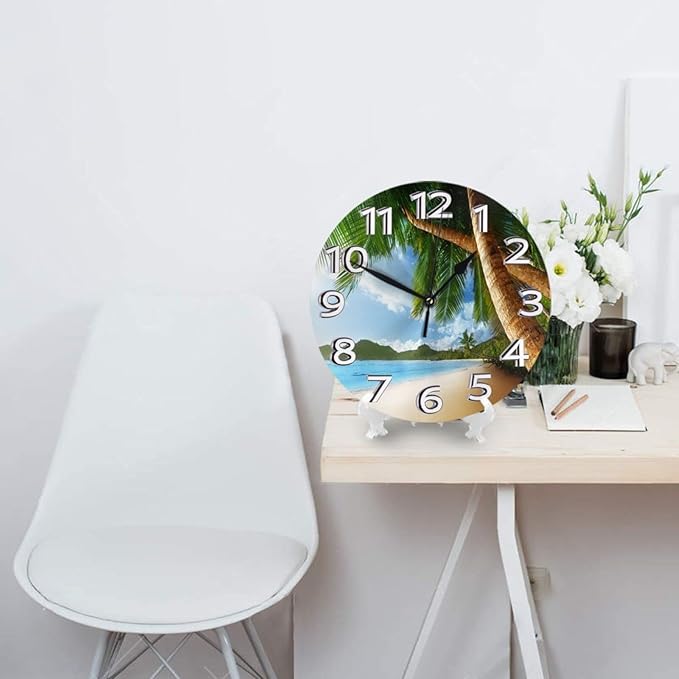 Summer Beach with Palm Tree Wall Clock Battery Operated Silent Round Clock Tropical Theme Wall Decor for Home Office School, 12 Inch