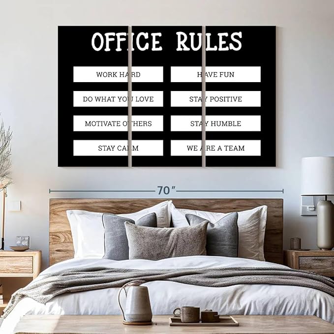Elephant Stock - Office Rules Wall Art - Horizontal Multi Panel Canvas - 3 Piece Home Office Wall Decor - Digital Art Motivational Typography Multi Piece Wall Art - Black And White Decor by Cad Designs - 65" x 42"