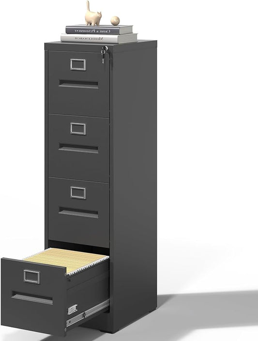 4 Drawer File Cabinet,Black Vertical File Cabinet with Lock for A4/Letter/Legal Size Files,Steel Filing Cabinets for Home Office,Assembly Required