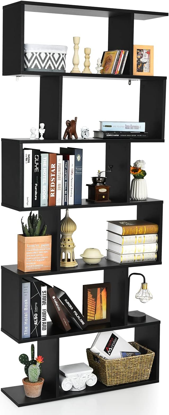 Tangkula 6 Tier S Shaped Bookshelf, 31.5''L x 9''W x 75''H, Wooden Bookcase and Bookshelves w/Anti-Toppling Device, Room Divider Display Shelves for Living Room, Home Decor, 6 Shelf Bookshelf
