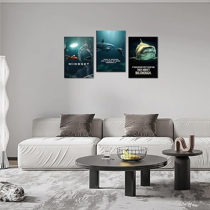 Motivational Wall Art - Framed Shark Poster Inspirational Canvas Prints Positive Quotes Wall Decor for Home, Office & Bedroom Living Room (20" x 28"x 3 Panel)