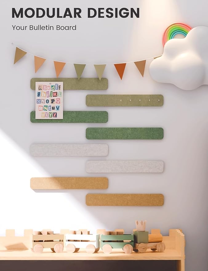Cork Board Alternative Felt Strip Board 8-Pack 13"x2", Office Pin Board with 50 Push Pins, Adhesive Install for Bedroom Door & Home Office(Olive Grove)
