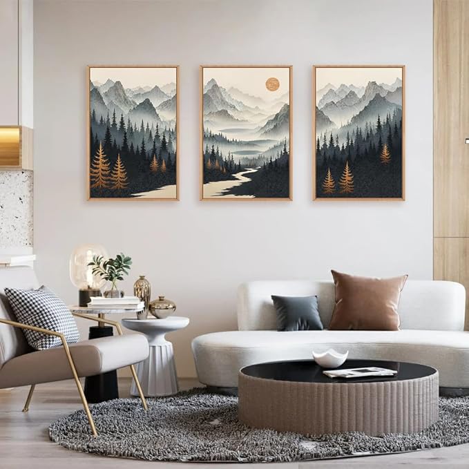 Ausril Watercolor Misty Forest Framed Canvas Wall Art Set, Foggy Mountain Wall Decor, Misty Pine Tree Wall Painting, Large Nature Landscape Art Prints for Living Room, Bedroom, Office - 24"X36"X3