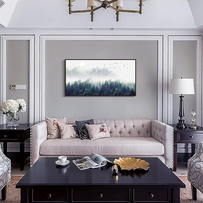 MHARTK66 Black Framed Canvas Wall Art For Living Room Large Wall Decor For Bedroom Foggy Forest Trees Landscape Wall Painting Office Decorations Pictures Artwork Modern Home Walls Decor