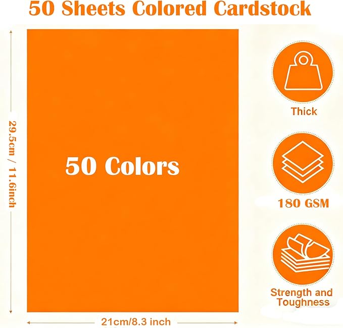 50 Sheets Colored Cardstock, 8.5" X 11" Colored Card Stock, 50 Assorted Colors Construction Colorful Paper Card Stock Printer Paper for Printing, Card Making, DIY Crafts, Party Decorations (180 GSM)