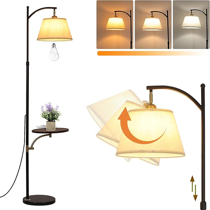 Floor Lamp with Table for Living Room, Tall Floor Standing Lamps with Shelves, Height Adjustable Lamp Table Combo, Dimmable Corner Rustic Lamps with Tray for Bedroom Office, Bulb Included (Linen)