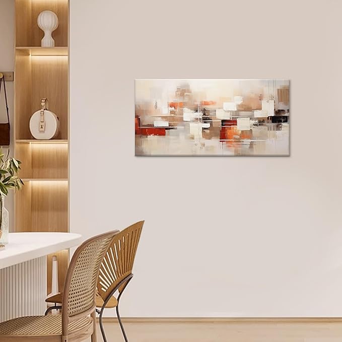 Abstract Wall Art Geometric Block Canvas Art Brown and Beige Modern Wall Art Minimalist Wall Decor Artwork Living Room Neutral Canvas Framed Painting for Bedroom Office