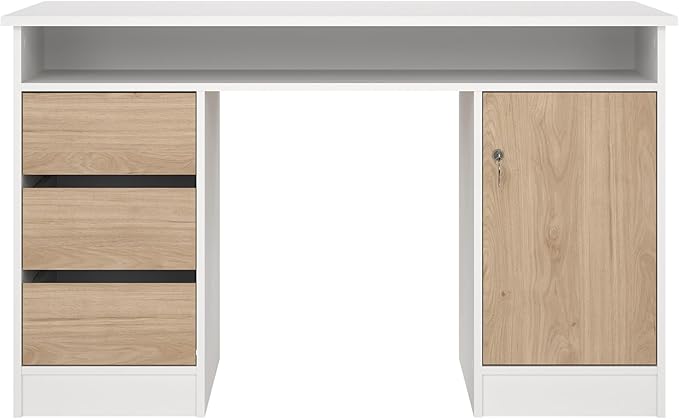 Tvilum Function Plus Computer Desk with Storage Cabinet, 3 Handle-Free Drawers, Two-Tone White and Oak Color Finish