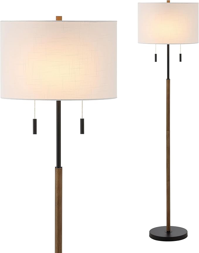 JONATHAN Y 61" Brown Wood/Black 2-Light Iron Candlestick LED Floor Lamp, Rustic Farmhouse Standing Lamp with Dual Pull Chains, White Linen Shade, LED Bulbs Included JYL1141A