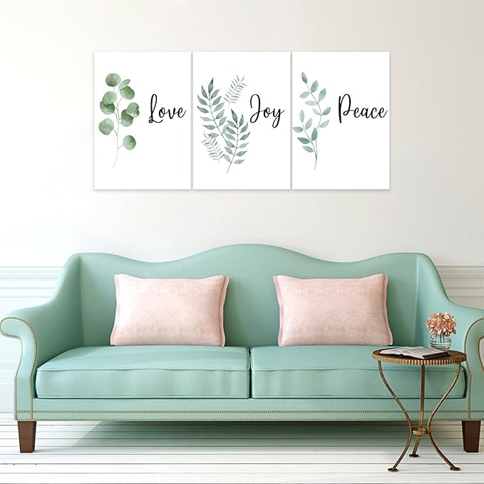 3 Piece Inspirational Wall Art, White Plants Background Picture, Quotes "Love Joy Peace" Canvas Print for Bedroom Decor, Triptych Entrepreneur Painting Framed Artwork for Gym Wall Decor (36"Wx24" H)