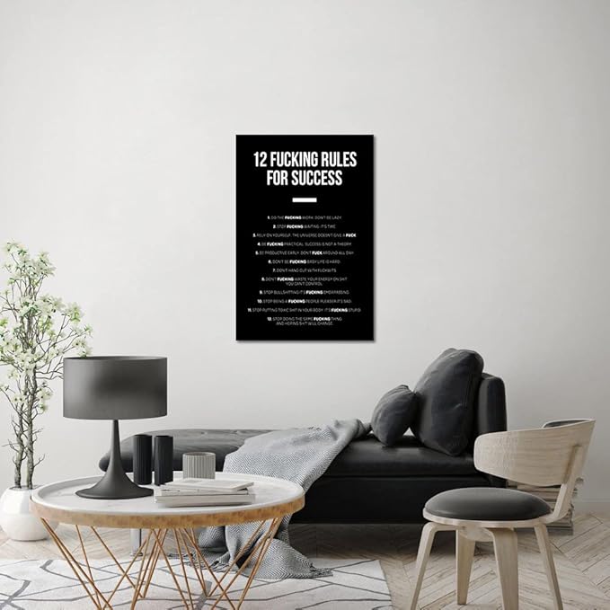 12 Fucking Rules for Success Entrepreneur Quotes Art Black and White Motivational Office Art Success Wall Art Inspirational Wall Decor Painting, Framed 24" x 36"