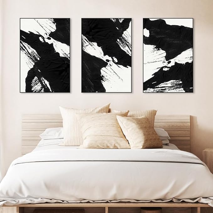 Wall Art Framed Canvas Posters Prints Black White Abstract Shapes Minimalist Illustrations Modern Art Boho Decor large size 24"x32"x3 Panels Art Decor for Living Room Bedroom Office Wall Decorations
