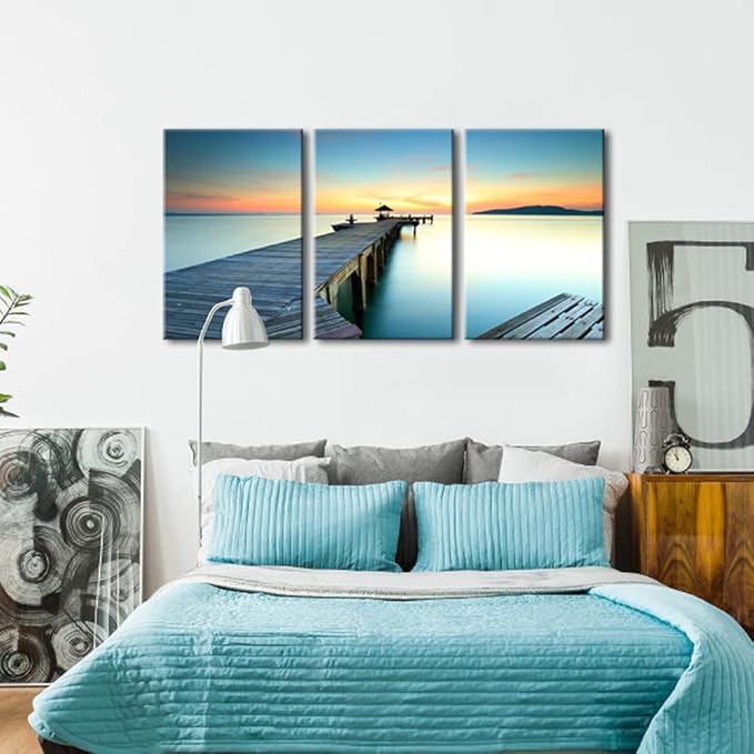 Wieco Art Bridges over the Sea Large Canvas Prints Wall Art Seascape Pictures Paintings for Bathroom Living Room Home Decorations 3 Panels Modern Gallery Wrapped Ocean Sea Beach Giclee Artwork L