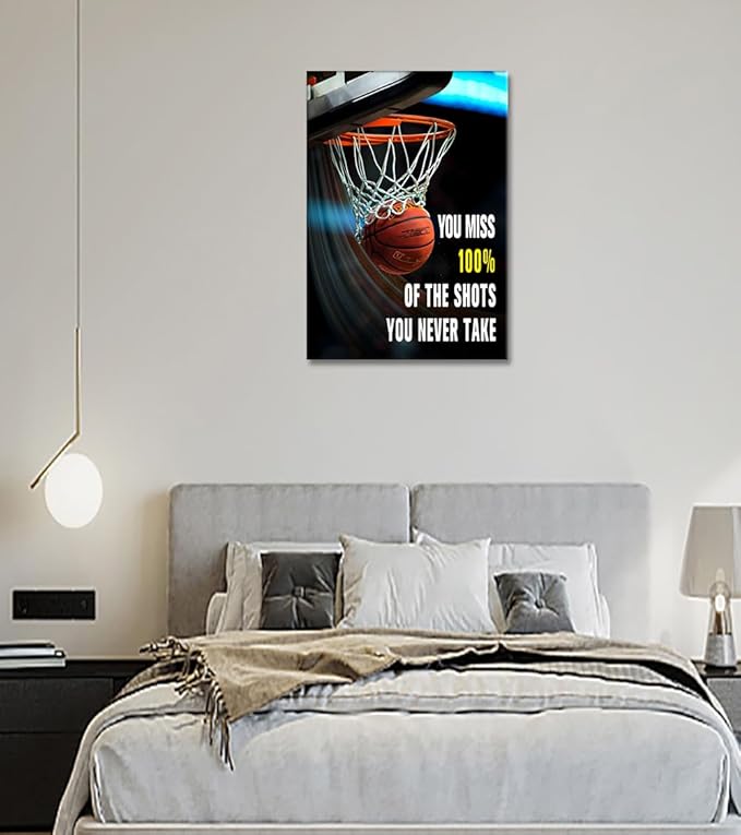 Motivational Canvas Wall Art You Miss 100% of The Shots You Never Take Poster Basketball Art Prints Modern Inspirational Pictures for Home Office Decor Frame Easy to Hang - 36x24 inch