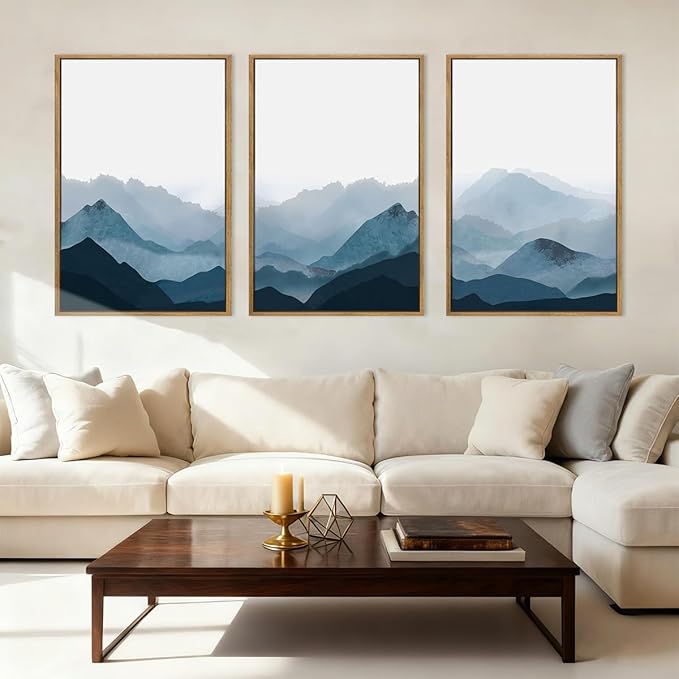 BINCUE Large Blue Mountain Wall Art Blue Minimalist Wall Decor Fog Blue Ridge Mountains Artwork 24x36 Inches Minimalist Landscape Paintings Framed Mountains Art Large Landscape Artwork for Living Room Bedroom Office Set of 3
