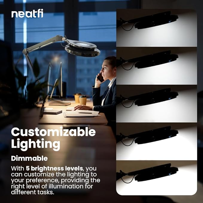 Neatfi LED Desk Lamp | 3,000 Lumens | 30W | 320 SMD LEDs | Dimmable | 3000K–6500K Color Temperature | Adjustable Desk Light for Home, Office, or Workbench (Black)