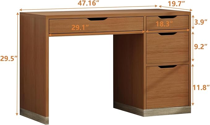 48 Inch Small Desk with 4 Drawers, Computer Desk with Storage File Drawer for Bedroom, Home Office Desk with Storage for Small Space, Brown