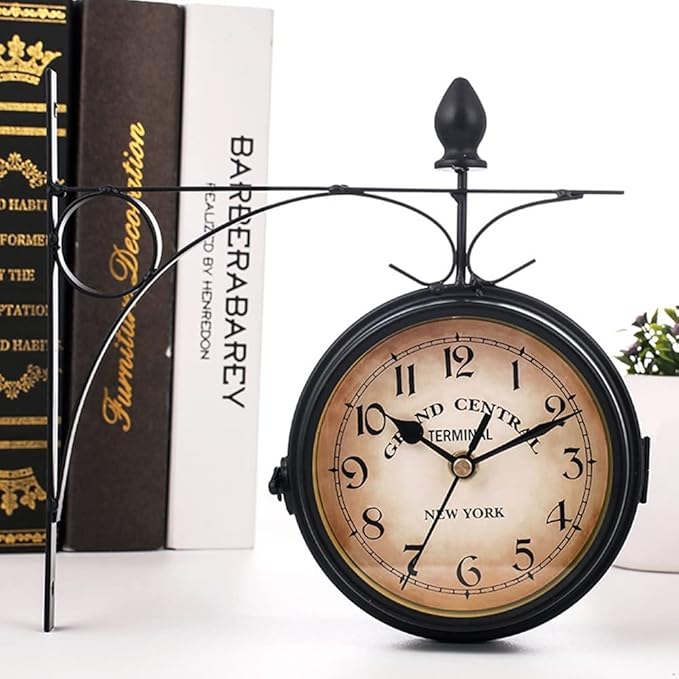Clock for Bedroom Double Sided Wall Clock Retro Mute Clock Metal Iron Wall Mounted Home Decor Garden Coffee Bar Decoration Wall Clock Office Decor Wall Clock (A)