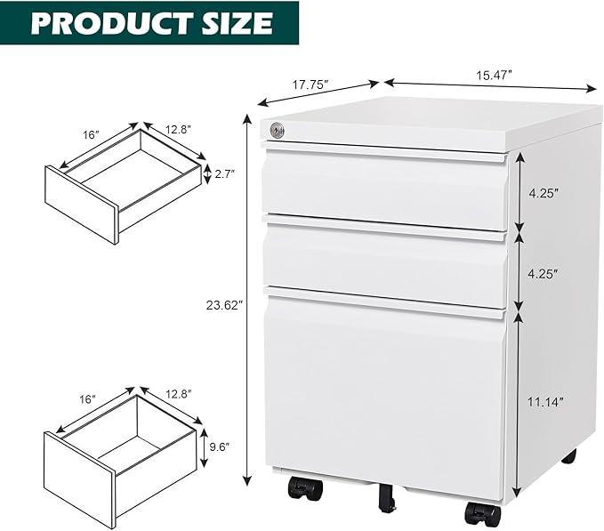3 Drawer Mobile Locking File Cabinet,Anti-tilt Design Metal Vertical Filing Cabinet,Rolling Desk Filing Cabinet fits Letter/Legal Size for Home Office (White)
