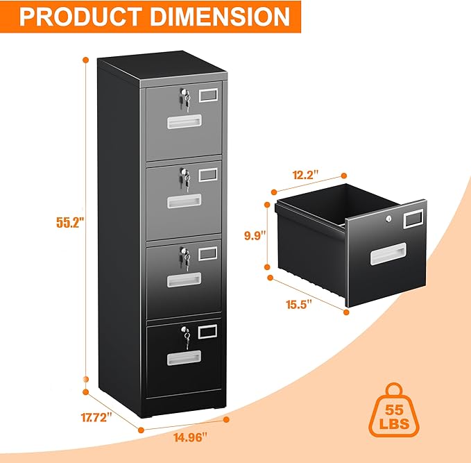 4 Drawer File Cabinet, Metal Vertical Black Filing Cabinets with Lock for Home Office with Name Card Holder for Letter/Legal/A4/F4 Size (Assemble Required)
