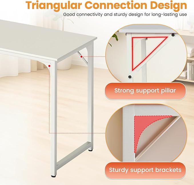 Dkelincs 47 Inch Computer Desk Home Office Desk Gaming Writing Desk Modern Simple Style Study Work Table with Metal Frame, Large Legroom, Adjustable Feet, Water-Resistant, Scratchproof Surface, White