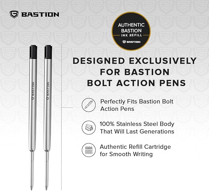 BASTION® Premium Pen Refill, Deeply Pigmented Ink for All Bolt Action Luxury Pens, Standard Ink Refill with 0.55mm Fine Tip - Black Gel, 2 PCs