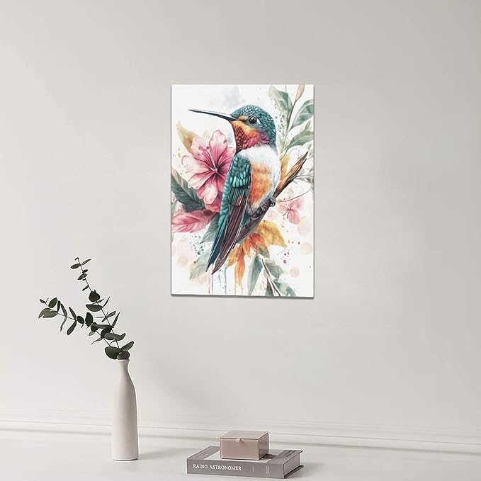 Watercolor Hummingbird Wall Art Country Flower Bird Pictures Wall Decor Colorful Canvas Painting Modern Home Artwork Decorations for Bathroom Bedroom Living Room Office Framed 16"x24"