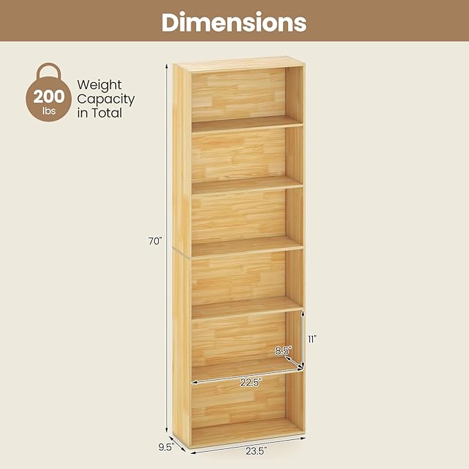 Giantex 6-Tier Bookcase Set of 2, 70" Tall Wooden Bookshelf, Freestanding Storage Organizer w/Open Shelves, Anti-Tipping Kits, Modern Floor Standing Display Shelves for Living Room,Burlywood