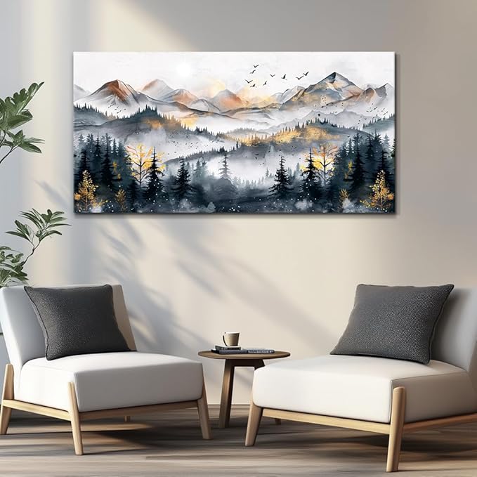KELIYUAN Large Wall Decor For Bedroom Abstract Wall Art For Living Room Office Decoration Ink Mountain Landscapes Painting Misty Forest Wall Pictures Canvas Artwork Ready To Hang Home Decor 30"x60"