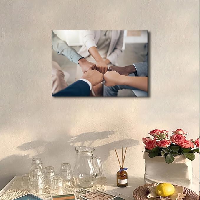 Canvas Wall Art Team Fist Holding Pictures Modern Motivational Inspirational Success Teamwork Posters Prints Artwork Home Decor for Office Framed 1 Panel (12" Wx18 H)