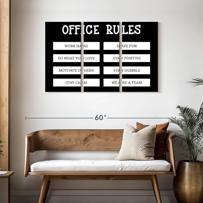 Elephant Stock - Office Rules Wall Art - Horizontal Multi Panel Canvas - 3 Piece Home Office Wall Decor - Digital Art Motivational Typography Multi Piece Wall Art - Black And White Decor by Cad Designs - 45" x 28"