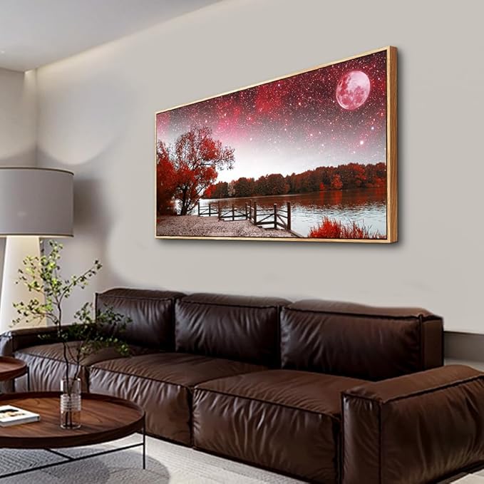 Lapremoly Red Tree Wall Art - Large Wall Decor for Living Room, Bedroom - Starry Sky Moon Landscape - Wood Framed 20" X 40"