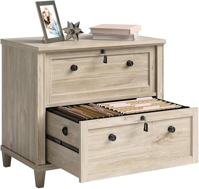 Pemberly Row Engineered Wood Lateral File Cabinet, Chalk Oak Finish, 2-Drawer Design with Key Lock, Solid Wood Feet, Safety Mechanism, Home Office Storage for Letter or Legal Files