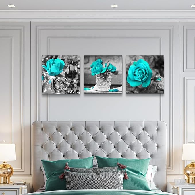 Canvas Wall Art For Bedroom Wall Decor For Living Room Black And White Wall Paintings Blue Rose Flowers Pictures Watercolor Giclee Canvas Prints Ready To Hang Room For Girls Home Decoration 3 Piece