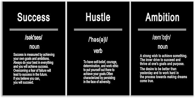 Success Hustel Ambition 3 Pieces Motivational Canvas Wall Art Inspirational Quote HD Pictures Wall Decor Posters Painting Artwork for Living Room Office Workplace Stretched and Framed [72''Wx 36''H]