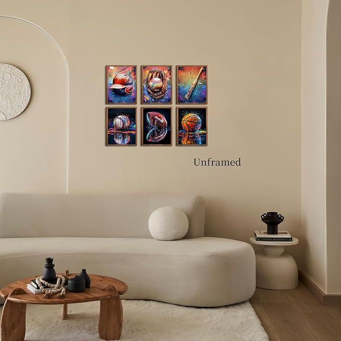 Basketball Baseball Sports Canvas Wall Art Set of 6, Vintage Graffiti Cool Posters Prints, Baseball bat American Football Wall Decor for Man Cave Dorm office Game Room Home Decor Gifts 8x10In Unframed