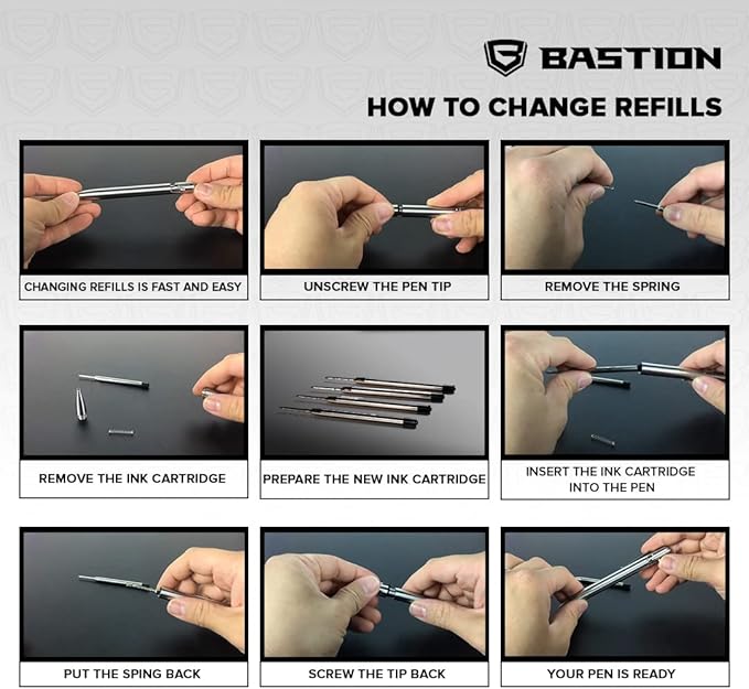 BASTION® Premium Pen Refill, Deeply Pigmented Ink for All Bolt Action Luxury Pens, Standard Ink Refill with 0.55mm Fine Tip - Black Gel, 2 PCs